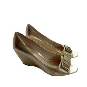 Kate Spade NY Womens Candace Open Toe Bow Wedges Gold 9M
